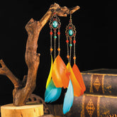 Bohemian Feather Dangle Earrings - Colorful Long Statement Jewelry